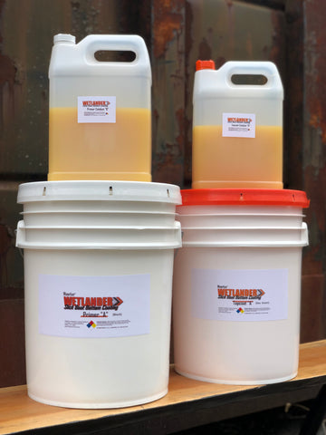 picture of a 5-gallon pail of Wetlander Primer, with it's catalyst, and a 5-gallon pail of Wetlander Topcoat, with it's catalyst